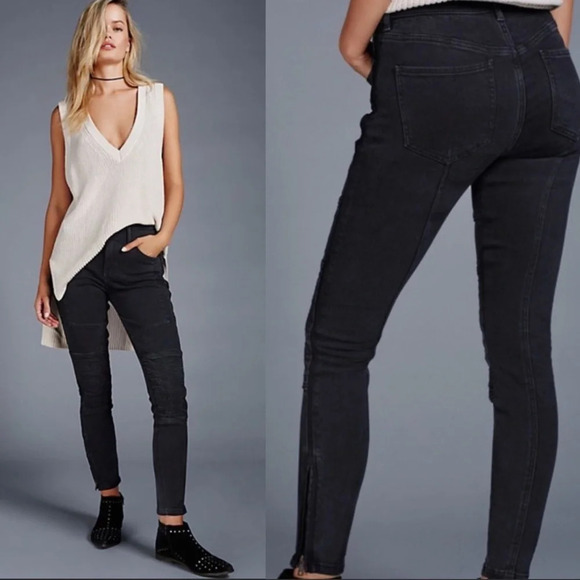 Free People Washed Black Vintage Stretch Midnight Magic Moto Jean Pant Size 26 - Picture 7 of 12